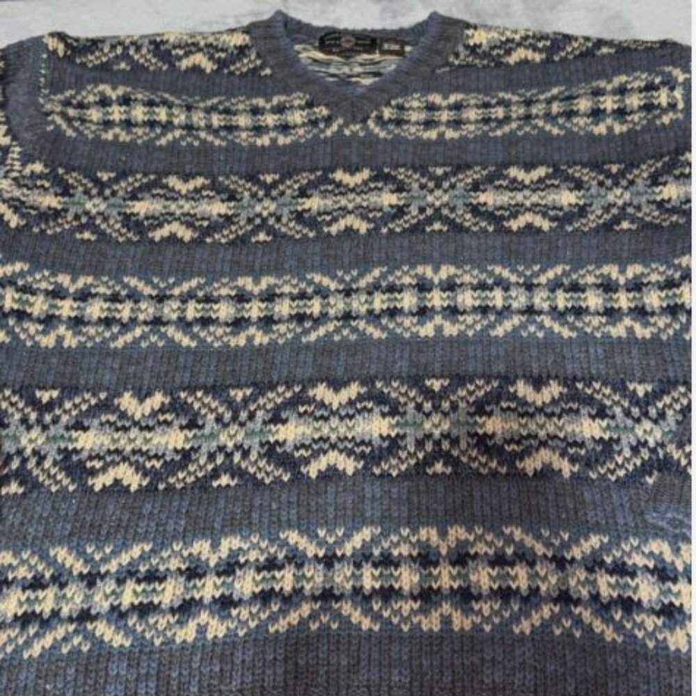 American Eagle Sweater Men's XL Blue Beige Vintage Fair Isle v- Neck